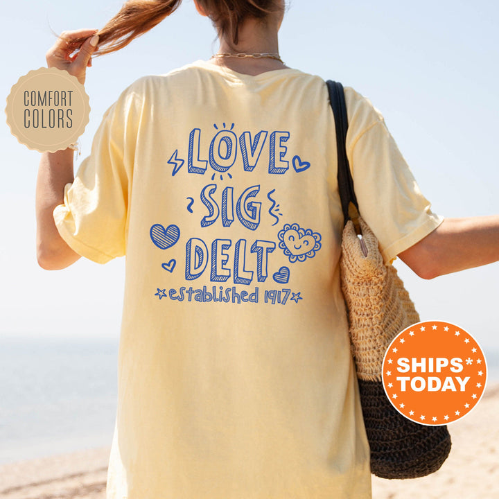 Sigma Delta Tau Drawscape Sorority T-Shirt | Sig Delt Doodle Font Shirt | Big Little Reveal Gift | Greek Life Shirt | Comfort Colors Shirt _ 16453g