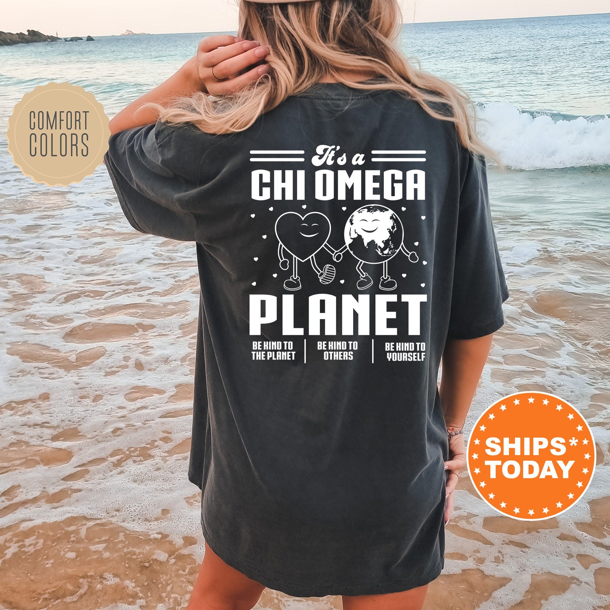 It s A Chi Omega Planet Chi O Be Kind Sorority T Shirt Comfort Col Kite and Crest