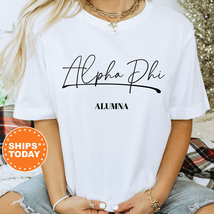 Alpha Phi Alumna Cursive Sorority T-Shirt | APHI Alumna Shirt | Alpha Phi Homecoming Shirt | Sorority Gifts | Comfort Colors Shirt _ 7259g