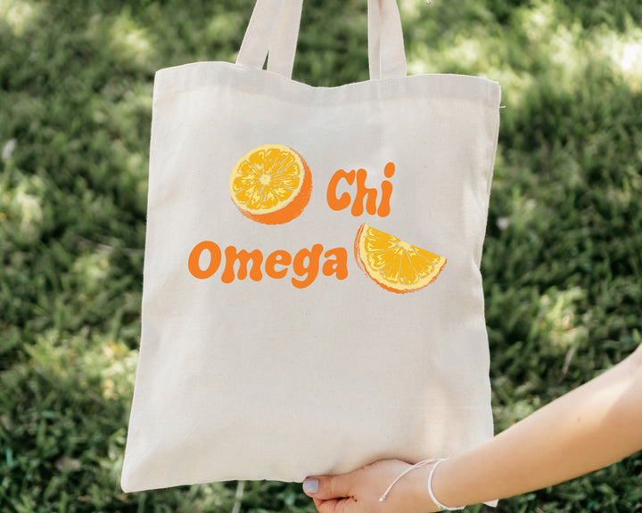 Chi Omega Oranges Sorority Tote Bag | Chi O Canvas Tote Bag | Chi Omega Sorority Merch | Big Little Reveal Gift | College Beach Bag _ 16233g