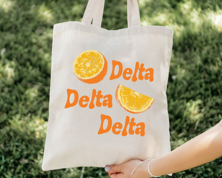 Delta Delta Delta Oranges Sorority Tote Bag | Tri Delta Canvas Tote Bag | Sorority Merch | Big Little Gifts | College Beach Bag _ 16234g