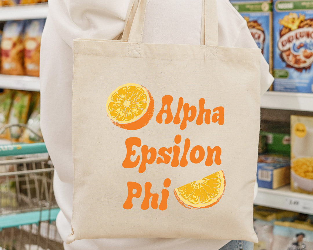 Alpha Epsilon Phi Oranges Sorority Tote Bag | AEPHI Canvas Tote Bag | Sorority Merch | Big Little Sorority Gift | College Beach Bag _ 16226g