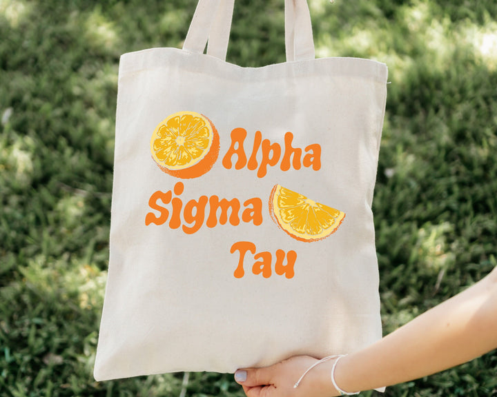 Alpha Sigma Tau Oranges Sorority Tote Bag | Canvas Tote Bag | Sorority Merch | Big Little Sorority Gifts | College Beach Bag _ 16231g