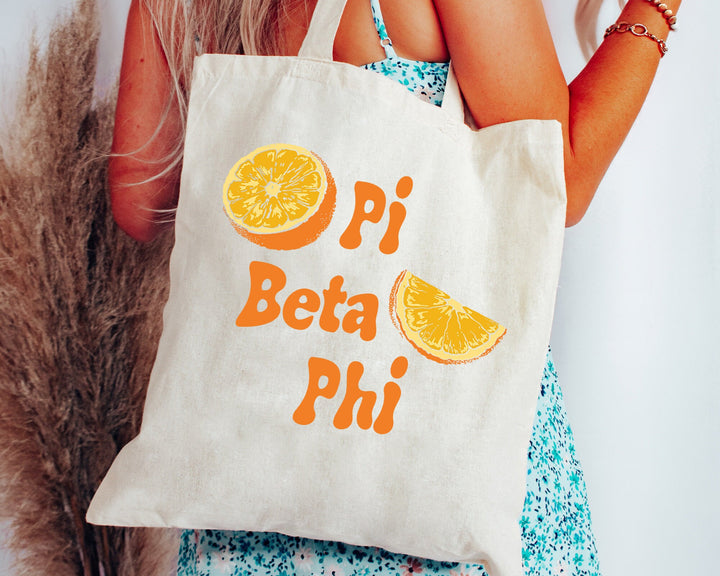 Pi Beta Phi Oranges Sorority Tote Bag | Pi Phi Canvas Tote Bag | Sorority Merch | Big Little Sorority Gifts | College Beach Bag _ 16244g