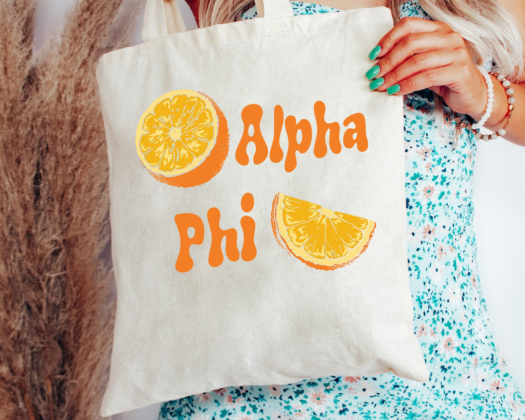 Alpha Phi Oranges Sorority Tote Bag | APHI Canvas Tote Bag | Alpha Phi Sorority Merch | Big Little Reveal Gifts | College Beach Bag _ 16229g