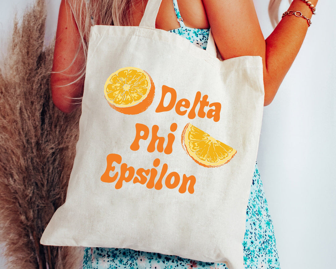 Delta Phi Epsilon Oranges Sorority Tote Bag | DPHIE Canvas Tote Bag | Sorority Merch | Big Little Sorority Gift | College Beach Bag _ 16236g