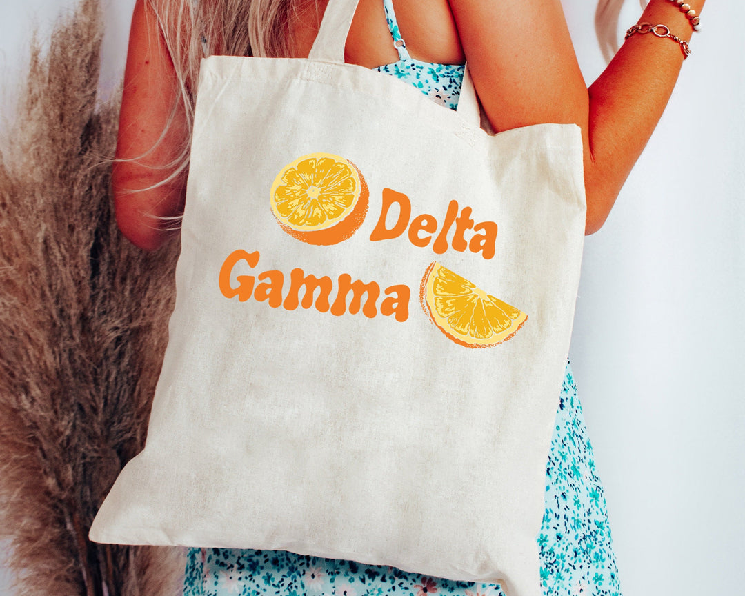 Delta Gamma Oranges Sorority Tote Bag | Dee Gee Canvas Tote Bag | Sorority Merch | Big Little Sorority Gifts | College Beach Bag _ 16235g