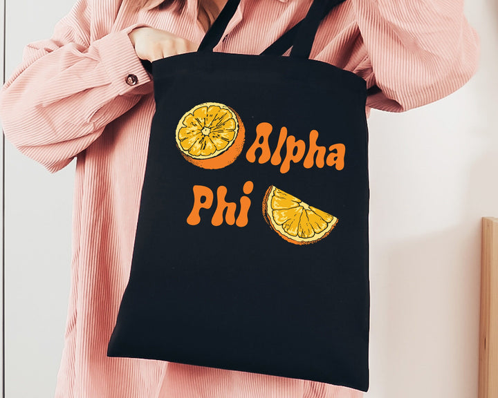 Alpha Phi Oranges Sorority Tote Bag | APHI Canvas Tote Bag | Alpha Phi Sorority Merch | Big Little Reveal Gifts | College Beach Bag _ 16229g