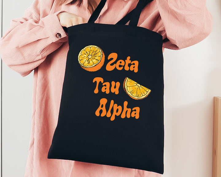 Zeta Tau Alpha Oranges Sorority Tote Bag | ZETA Canvas Tote Bag | Sorority Merch | Big Little Sorority Gifts | College Beach Bag _ 16249g
