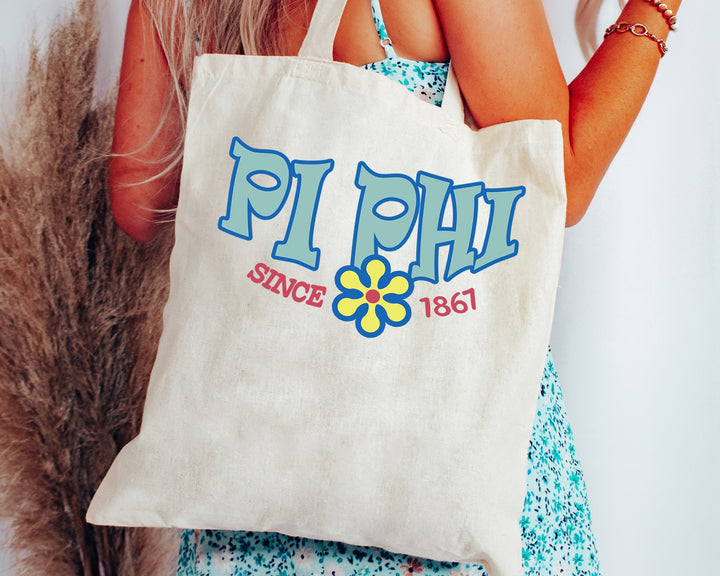 Pi Beta Phi Outlined In Blue Sorority Tote Bag | Pi Phi Beach Bag | College Sorority Laptop Bag | Canvas Tote Bag | Big Little Gift _ 15359g