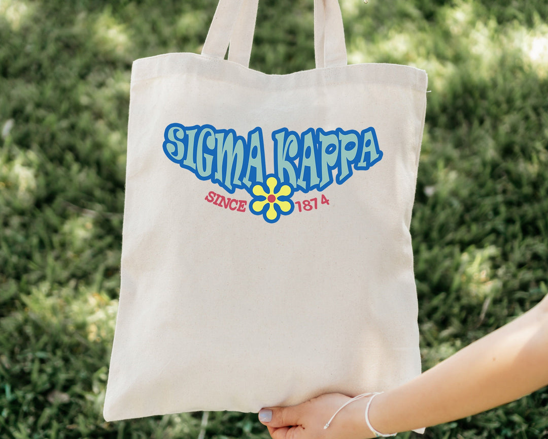 Sigma Kappa Outlined In Blue Sorority Tote Bag | Sigma Kappa Beach Bag | Sig Kap College Sorority Laptop Bag | Canvas Tote Bag _ 15361g