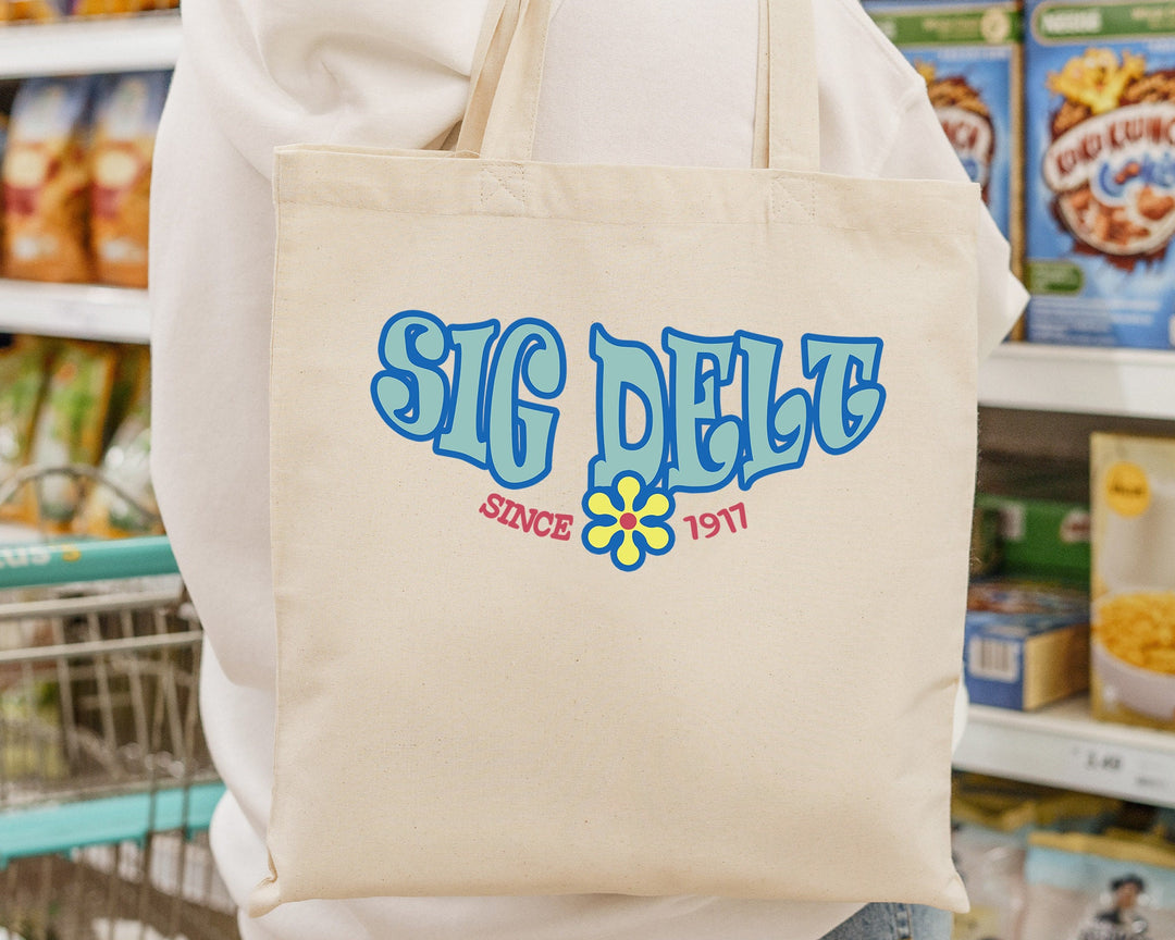 Sigma Delta Tau Outlined In Blue Sorority Tote Bag | Sig Delt Beach Bag | Sig Delt College Sorority Laptop Bag | Canvas Tote Bag _ 15360g