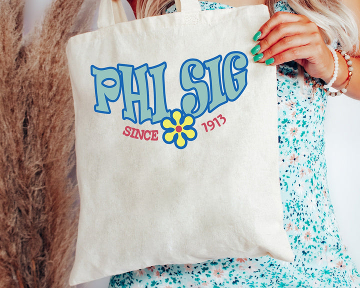 Phi Sigma Sigma Outlined In Blue Sorority Tote Bag | Phi Sig Beach Bag | College Sorority Laptop Bag | Canvas Tote Bag | Big Little _ 15358g