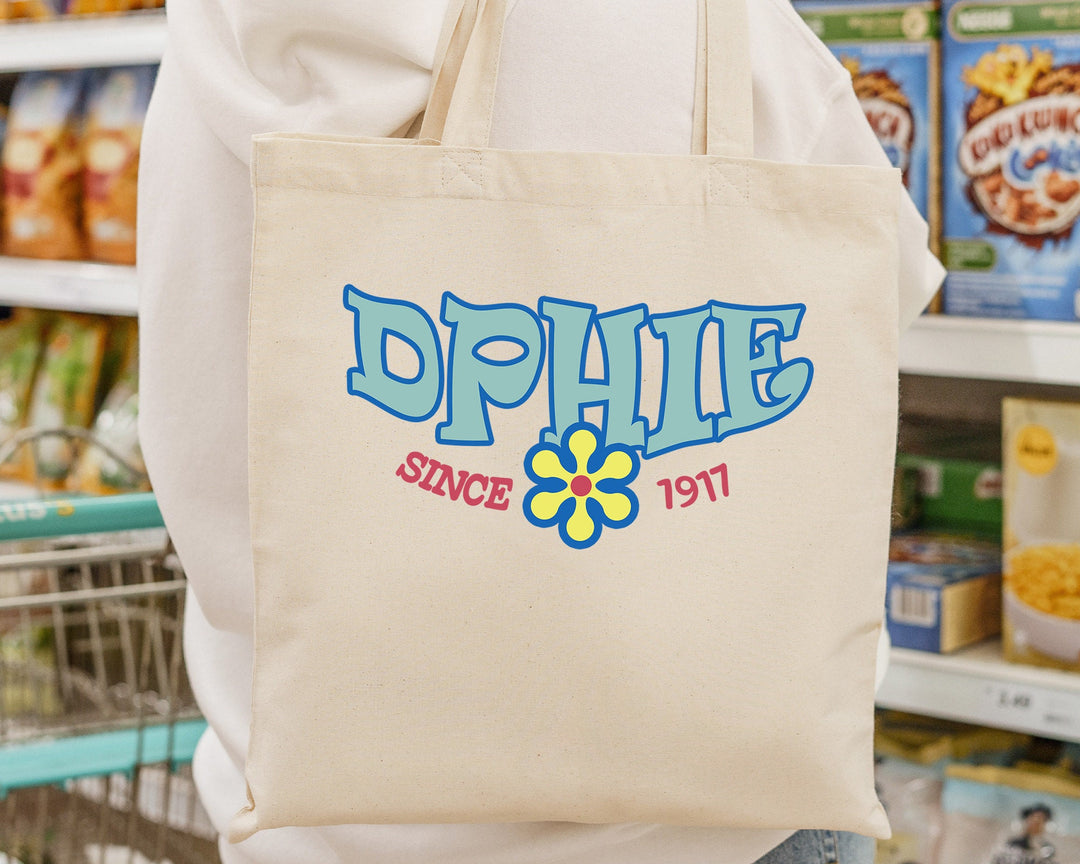 Delta Phi Epsilon Outlined In Blue Sorority Tote Bag | DPHIE Beach Bag | DPHIE College Sorority Laptop Bag | Canvas Tote Bag _ 15351g