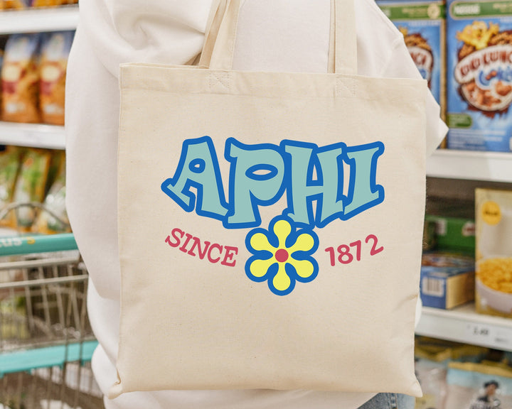 Alpha Phi Outlined In Blue Sorority Tote Bag | Alpha Phi Beach Bag | APHI College Sorority Laptop Bag | Canvas Tote Bag _ 15344g