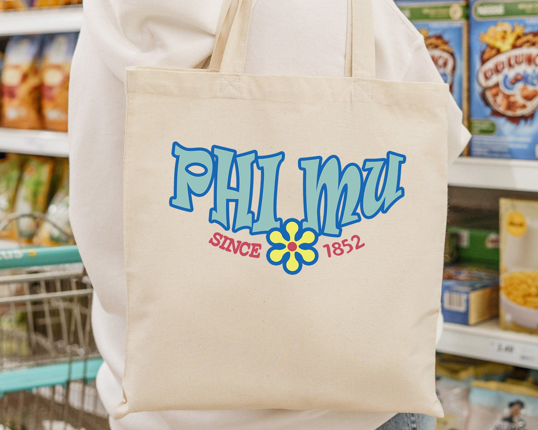 Phi Mu Outlined In Blue Sorority Tote Bag | Phi Mu Beach Bag | College Sorority Laptop Bag | Canvas Tote Bag | Big Little Gift _ 15357g