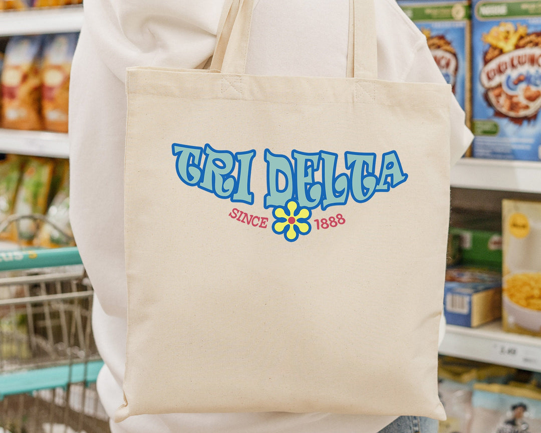 Delta Delta Delta Outlined In Blue Sorority Tote Bag | Tri Delta Beach Bag | Tri Delt College Sorority Laptop Bag | Canvas Tote Bag _ 15349g