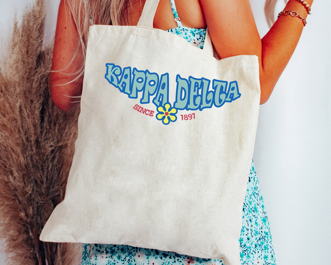 Kappa Delta Outlined In Blue Sorority Tote Bag | Kay Dee Beach Bag | Kappa Delta College Sorority Laptop Bag | Canvas Tote Bag _ 15355g