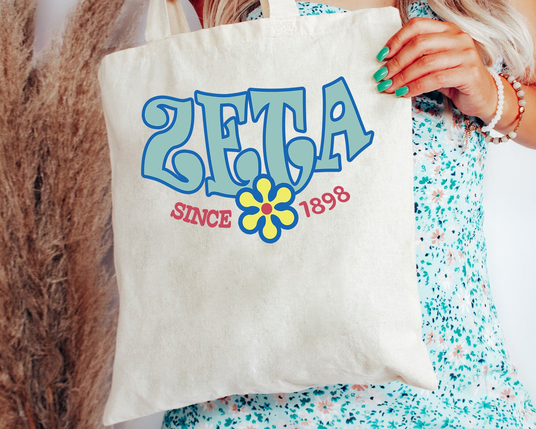 Zeta Tau Alpha Outlined In Blue Sorority Tote Bag | ZETA Beach Bag | College Sorority Laptop Bag | Canvas Tote Bag | Big Little _ 15364g