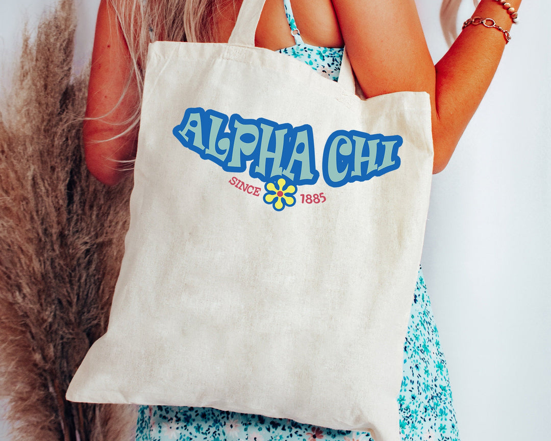 Alpha Chi Omega Outlined In Blue Sorority Tote Bag | Alpha Chi Beach Bag | AXO College Sorority Laptop Bag | Canvas Tote Bag _ 15339g