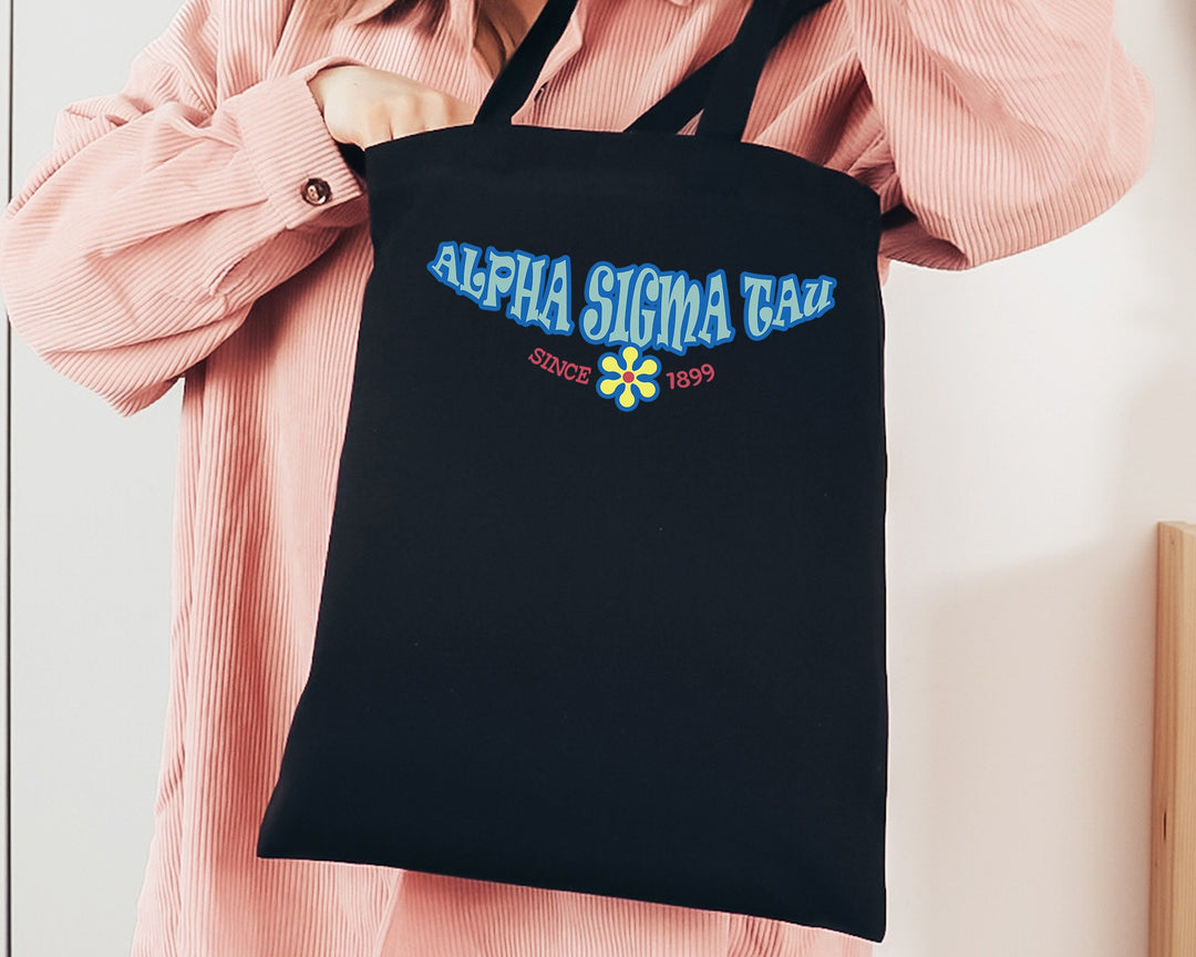 Alpha Sigma Tau Outlined In Blue Sorority Tote Bag | Alpha Sigma Tau Beach Bag | College Sorority Laptop Bag | Canvas Tote Bag _ 15346g