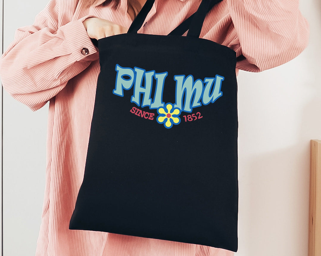 Phi Mu Outlined In Blue Sorority Tote Bag | Phi Mu Beach Bag | College Sorority Laptop Bag | Canvas Tote Bag | Big Little Gift _ 15357g