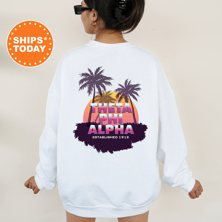 Theta Phi Alpha Palmscape Sorority Sweatshirt | Theta Phi Beach Hoodies | Sorority Apparel | Big Little Reveal | Greek Sweatshirt _  14198g