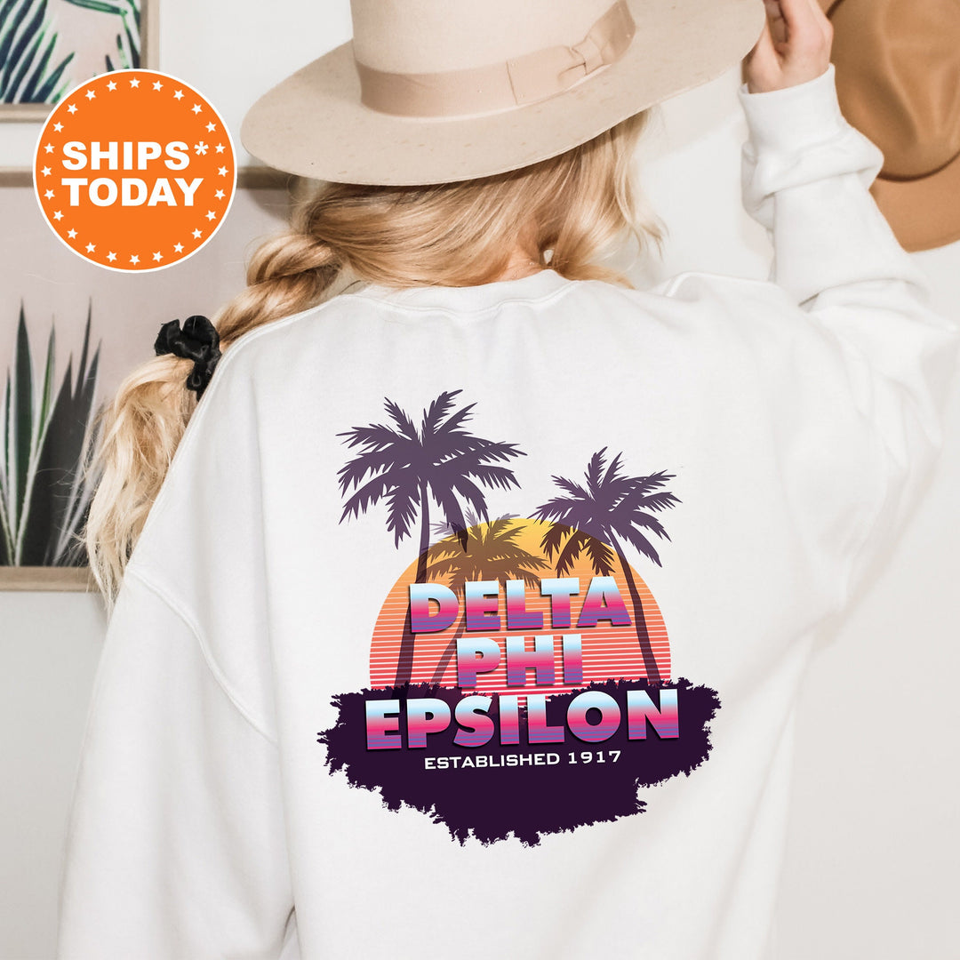 Delta Phi Epsilon Palmscape Sorority Sweatshirt | DPHIE Beach Hoodies | Sorority Apparel | Big Little Gift | Greek Sweatshirt _  14186g