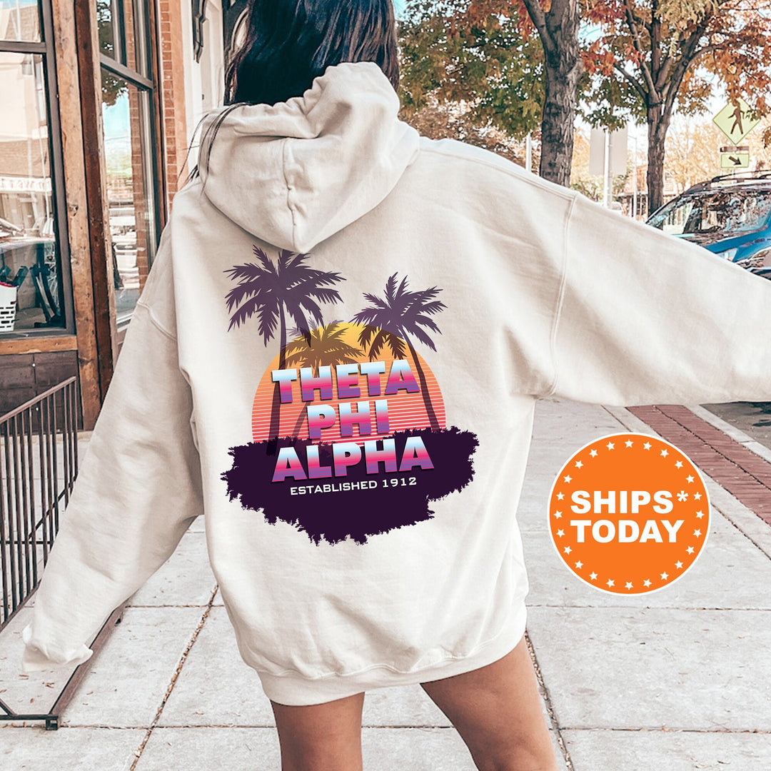 Theta Phi Alpha Palmscape Sorority Sweatshirt | Theta Phi Beach Hoodies | Sorority Apparel | Big Little Reveal | Greek Sweatshirt _  14198g