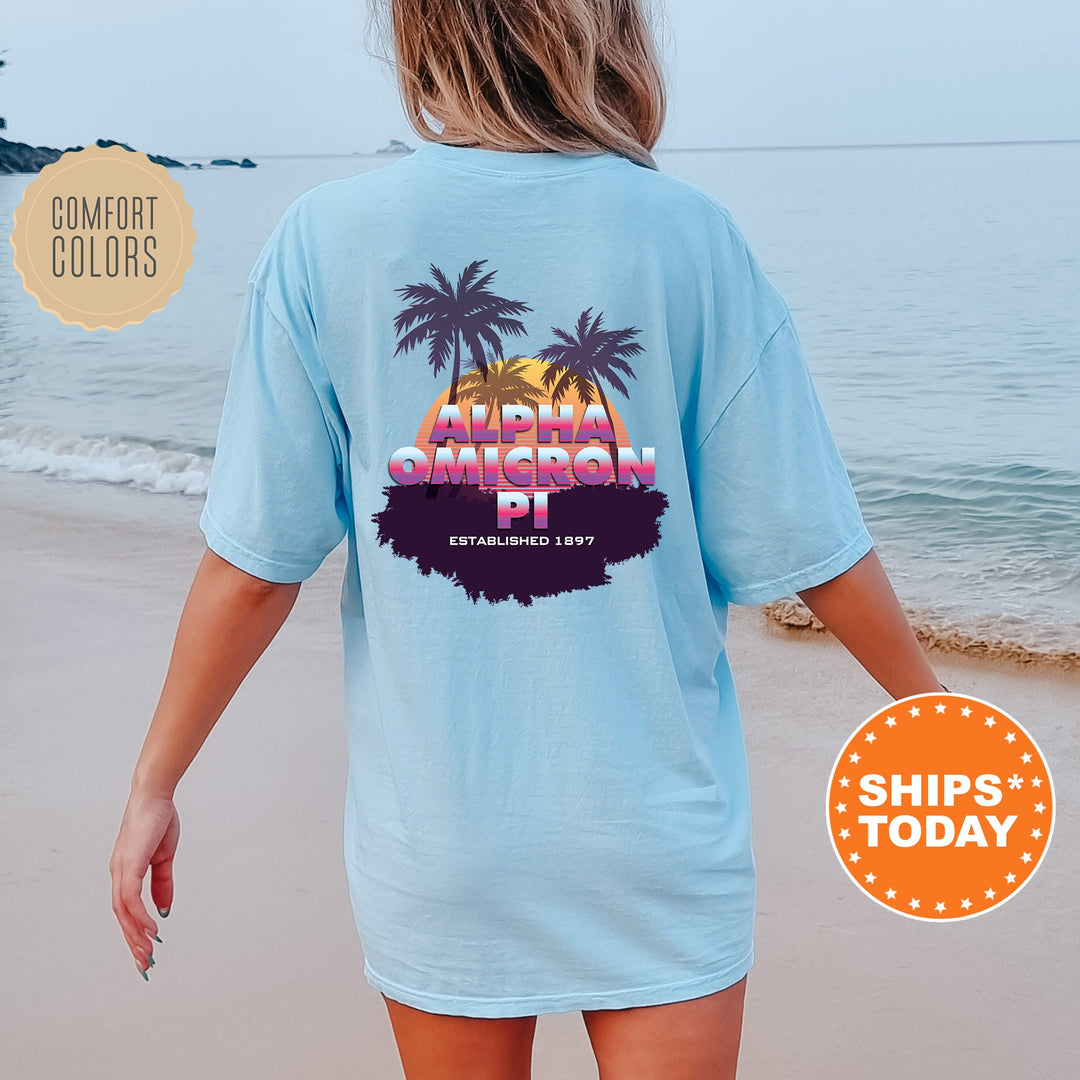 Alpha Omicron Pi Palmscape Sorority T-Shirt | Alpha O Beach Shirt | Big Little Recruitment Gift | Comfort Colors | Sorority Apparel _ 14178g