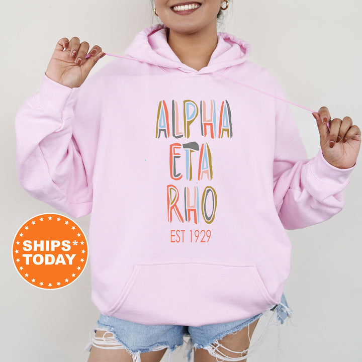 Alpha Eta Rho Pastel Stencil Sweatshirt | Alpha Eta Rho Sweatshirt | Bid Day Gift | College Apparel | Custom Greek Sweatshirt _ 8830g