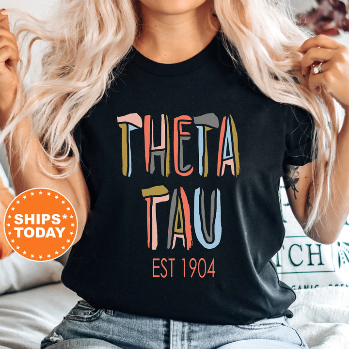 Theta Tau Pastel Stencil Coed T-Shirt | Theta Tau Comfort Colors Shirt | Bid Day Gift | Custom Greek Apparel | Honor Society Shirt _ 8845g