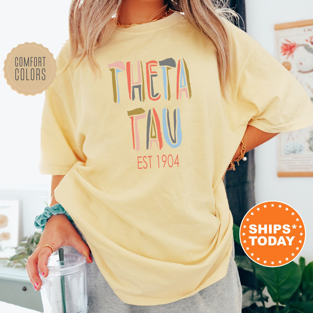 Theta Tau Pastel Stencil Coed T-Shirt | Theta Tau Comfort Colors Shirt | Bid Day Gift | Custom Greek Apparel | Honor Society Shirt _ 8845g