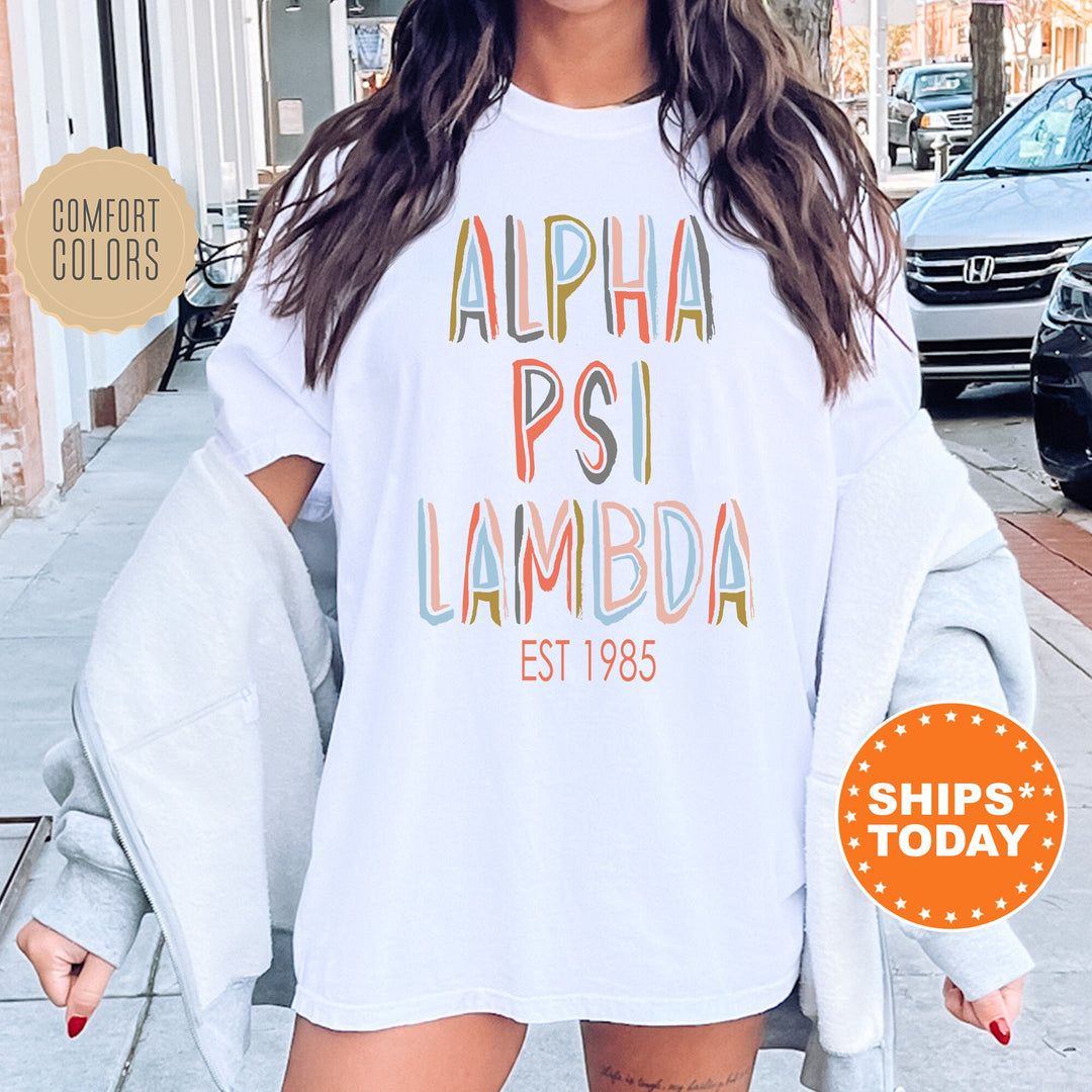 Alpha Psi Lambda Pastel Stencil Coed T-Shirt | Alpha Psi Lambda Comfort Colors Shirt | Frat Bid Day Gift | Custom Greek Apparel _ 8833g