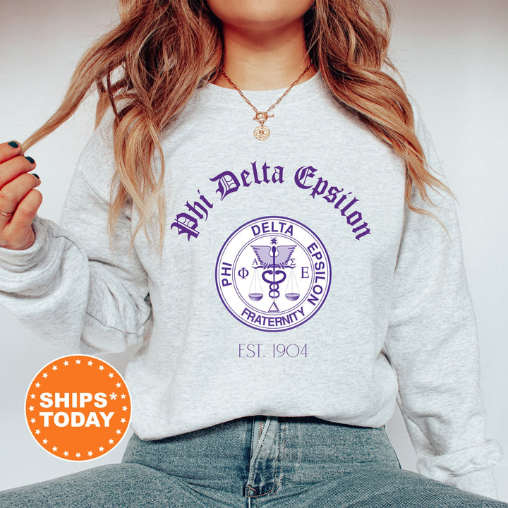 Phi Delta Epsilon Greek Heritage COED Sweatshirt | Phi Delta Epsilon Crest Sweatshirt | PhiDE COED Fraternity Gift | Greek Apparel _ 15392g