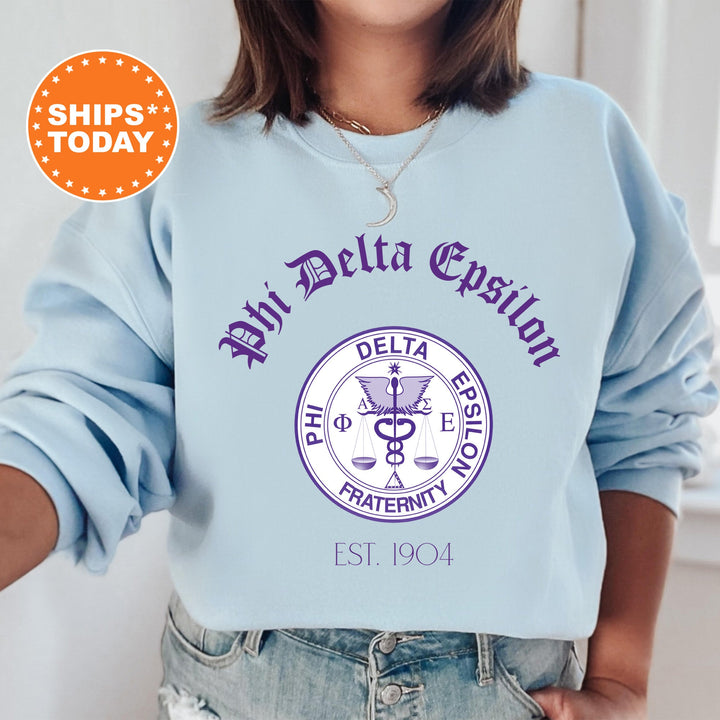 Phi Delta Epsilon Greek Heritage COED Sweatshirt | Phi Delta Epsilon Crest Sweatshirt | PhiDE COED Fraternity Gift | Greek Apparel _ 15392g