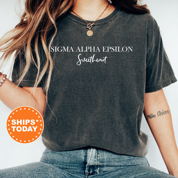Sigma Alpha Epsilon Cursive Sweetheart Fraternity T-Shirt | SAE Sweetheart Shirt | Comfort Colors Tee | Gift For Girlfriend _ 6933g