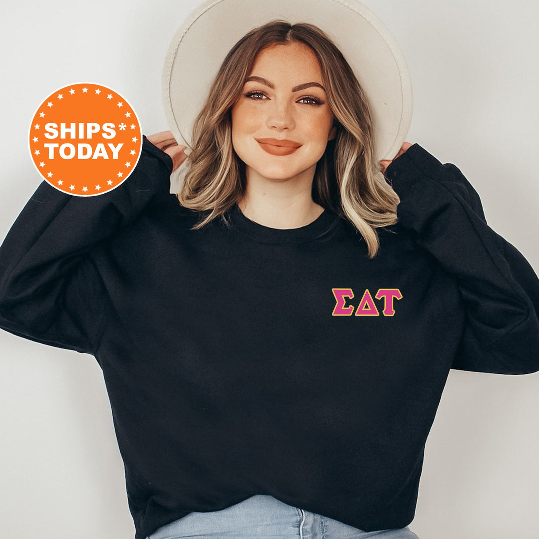 Sigma Delta Tau Red Letters Left Chest Graphic Sorority Sweatshirt | Sig Delt Greek Sweatshirt | Greek Letters | Sorority Letters _ 17536g