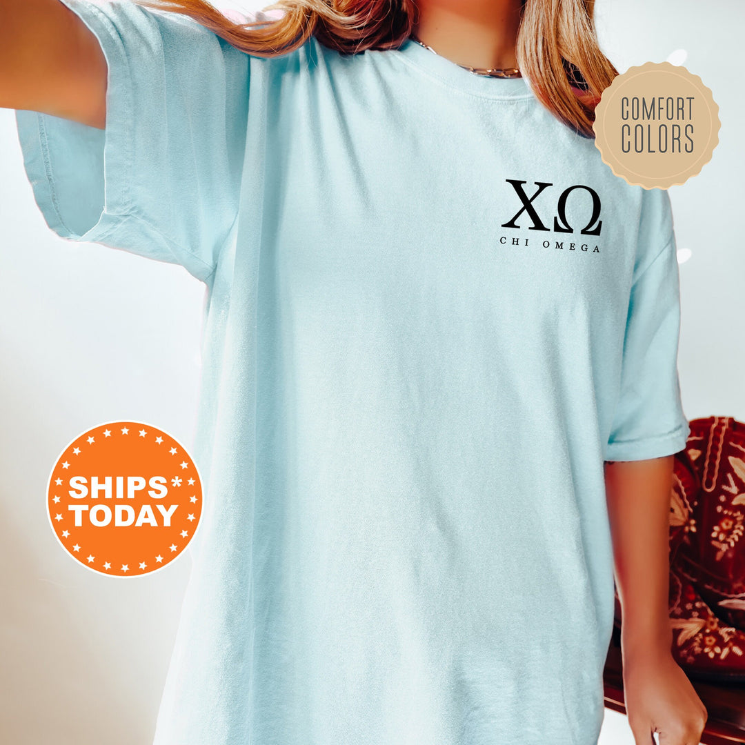 Chi Omega Black Letters Sorority T-Shirt | Chi O Left Chest Graphic Tee Shirt | Chi Omega Greek Letters | Sorority Letters | Comfort Colors _ 17472g