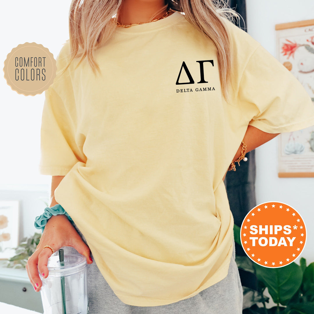 Delta Gamma Black Letters Sorority T-Shirt | Dee Gee Left Chest Graphic Tee Shirt | Greek Letters | Sorority Letters | Comfort Colors Shirt _ 17474g