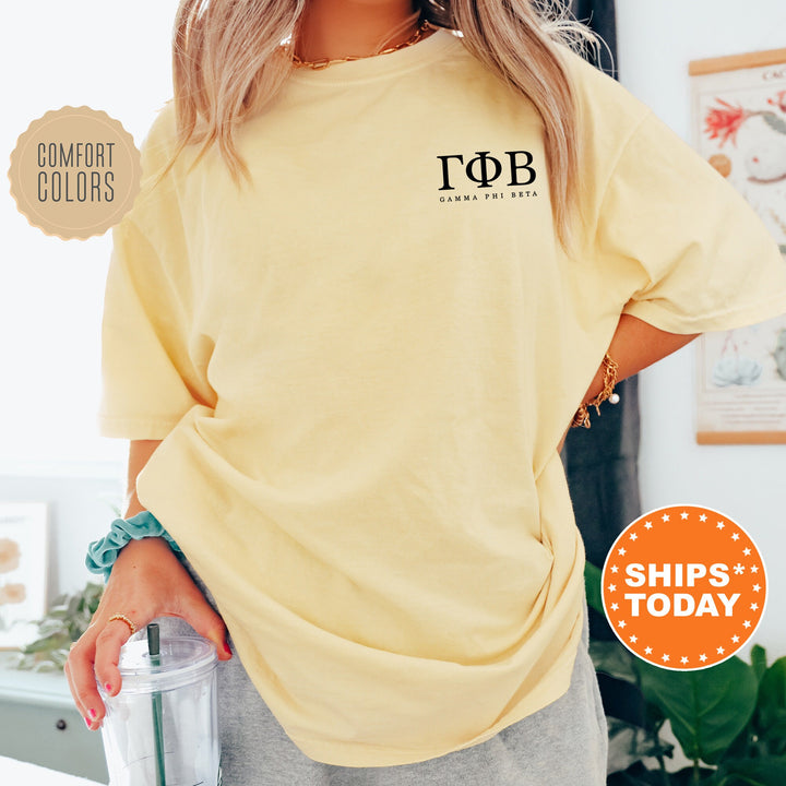 Gamma Phi Beta Black Letters Sorority T-Shirt | Gamma Phi Left Chest Graphic Tee Shirt | Greek Letters | Sorority Letters | Comfort Colors _ 17477g