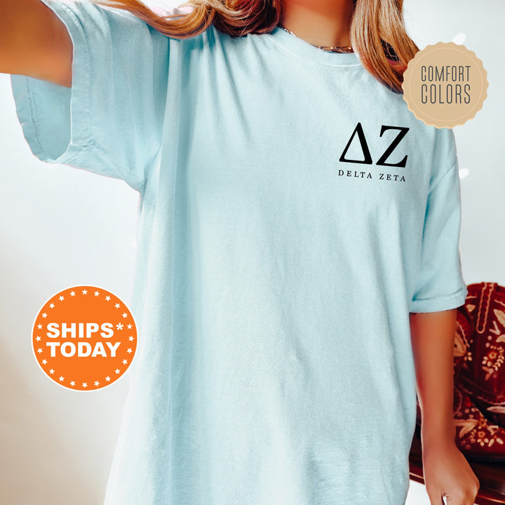 Delta Zeta Black Letters Sorority T-Shirt | Dee Zee Left Chest Graphic Tee Shirt | Greek Letters | Sorority Letters | Comfort Colors Shirt _ 17476g
