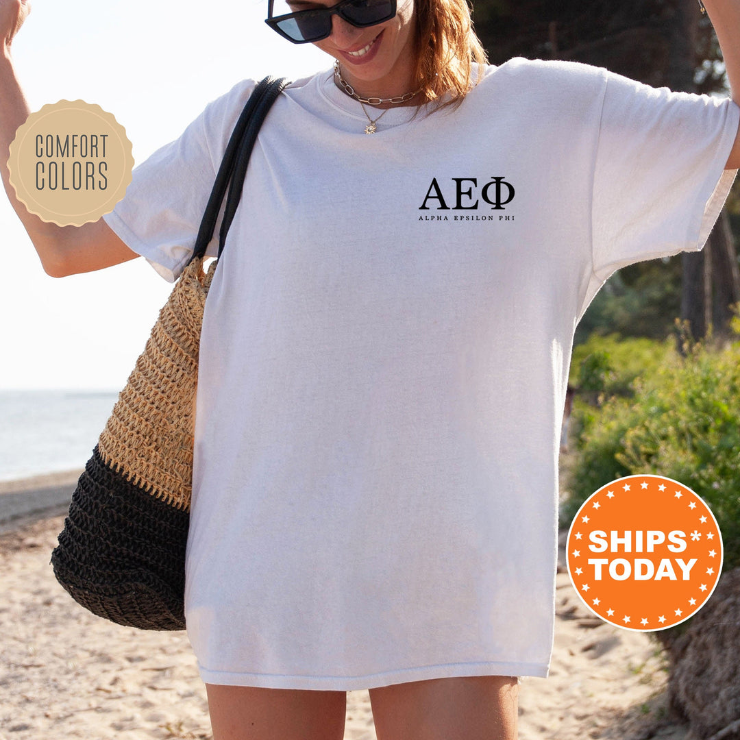 Alpha Epsilon Phi Black Letters Sorority T-Shirt | AEPhi Left Chest Graphic Tee Shirt | Greek Letters | Sorority Letters | Comfort Colors _ 17465g