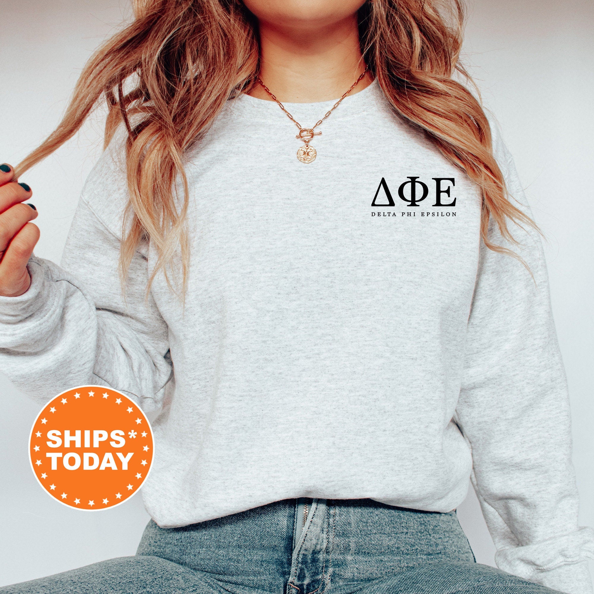 Delta Phi Epsilon Black Letters Left Chest Print Sorority Sweatshirt Kite and Crest