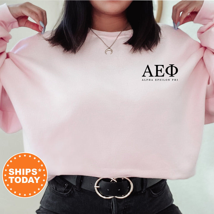 Alpha Epsilon Phi Black Letters Left Chest Print Sorority Sweatshirt | AEPHI Crewneck Sweatshirt | Sorority Letters | Greek Letters