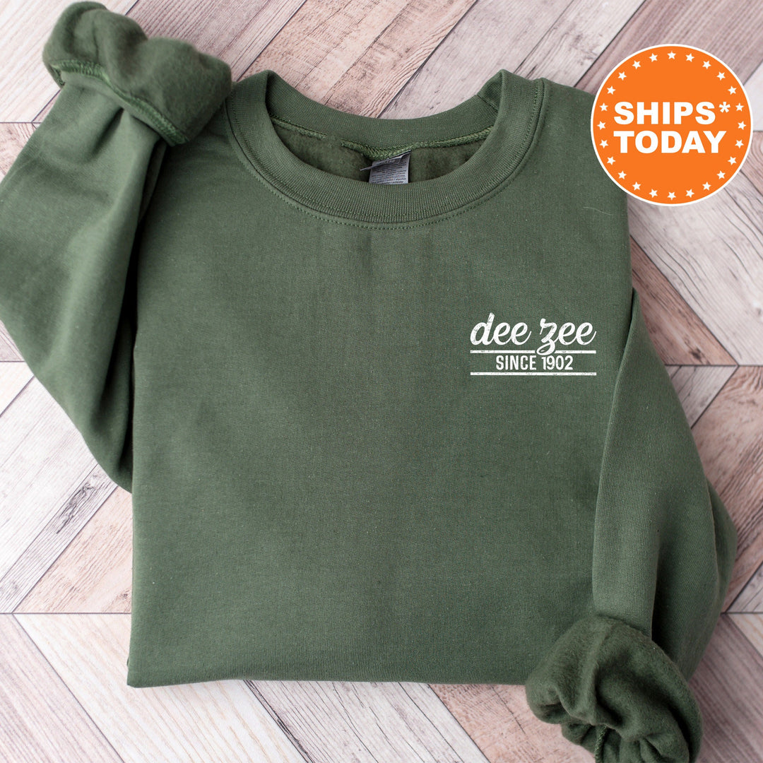 Delta Zeta Fancy Year Sorority Sweatshirt | Dee Zee Sorority Crewneck | Left Pocket Print Sweatshirt | College Greek Apparel _ 17425g