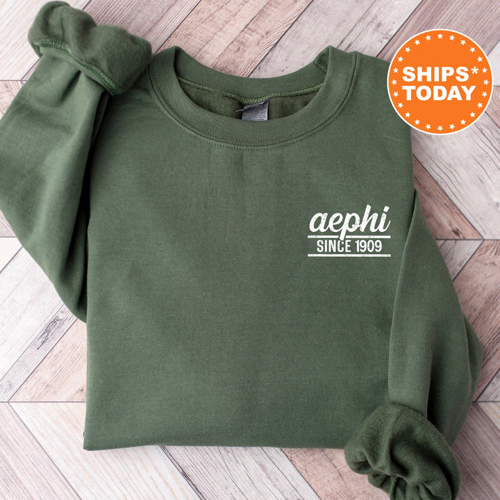 Alpha Epsilon Phi Fancy Year Sorority Sweatshirt | AEPHI Sorority Crewneck | Left Pocket Print Sweatshirt | College Greek Apparel _ 17414g