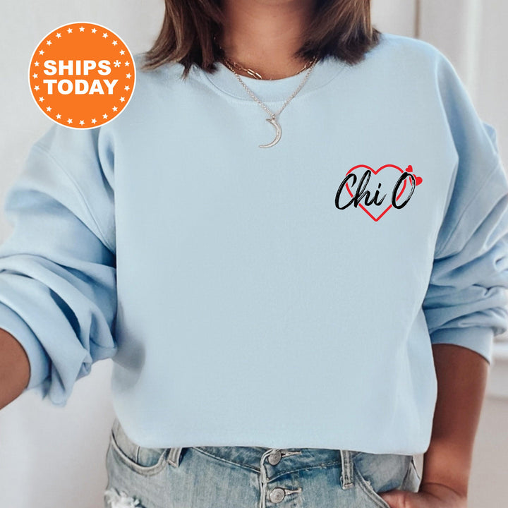 Chi Omega Mini Heart Sorority Sweatshirt | Chi Omega Hoodie | Left Chest Graphic Sweatshirt | Big Little Sorority Crewneck
