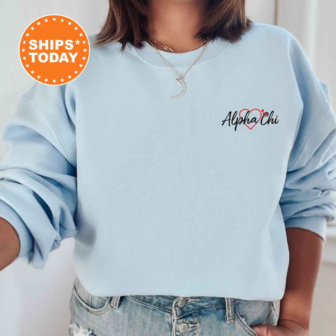 Alpha Chi Omega Mini Heart Sorority Sweatshirt | Alpha Chi Hoodie | Left Chest Graphic Sweatshirt | Big Little Sorority Crewneck