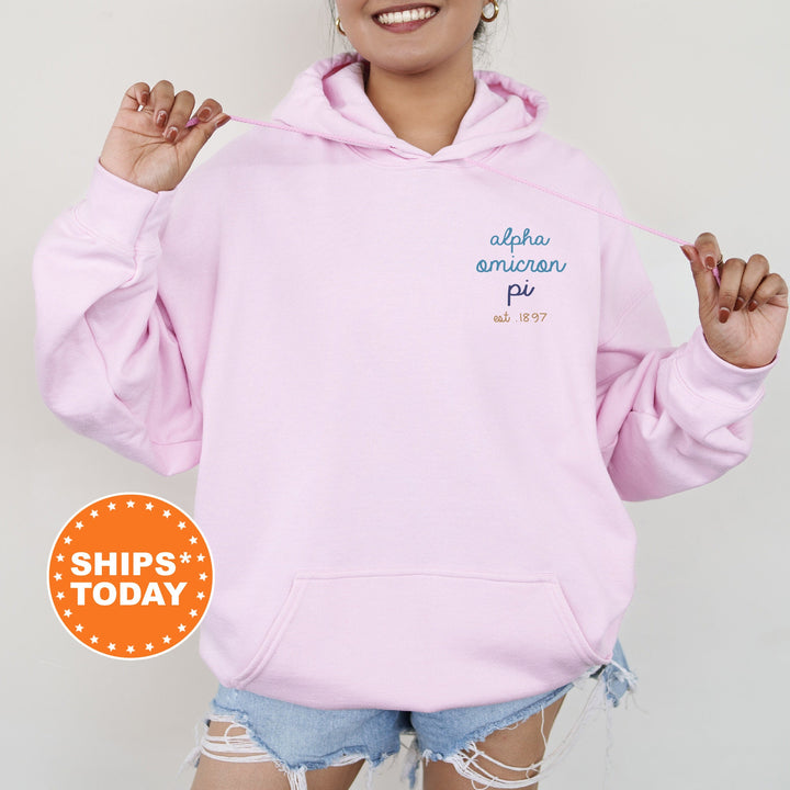 Alpha Omicron Pi Blue Cursive Sorority Sweatshirt | Alpha O Sorority Crewneck | AOPI Left Pocket Print Sweatshirt | Big Little Gift _ 17793g